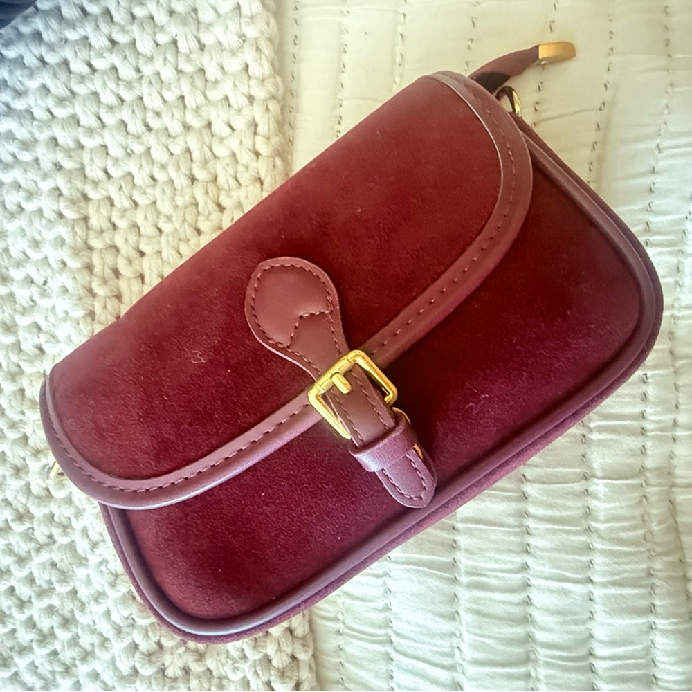 Compact Burgundy Suede Crossbody Bag - Unbranded